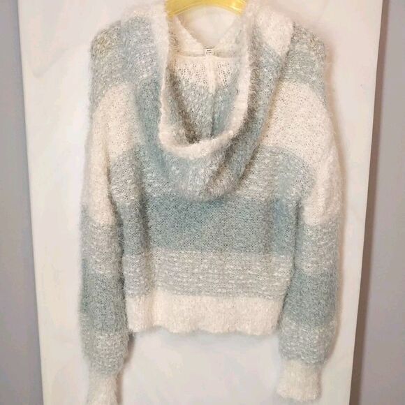 Women's Fuzzy Hooded Sweater Sz M Colorblock Striped Stretch Cropped Comfy Cozy - Picture 9 of 9